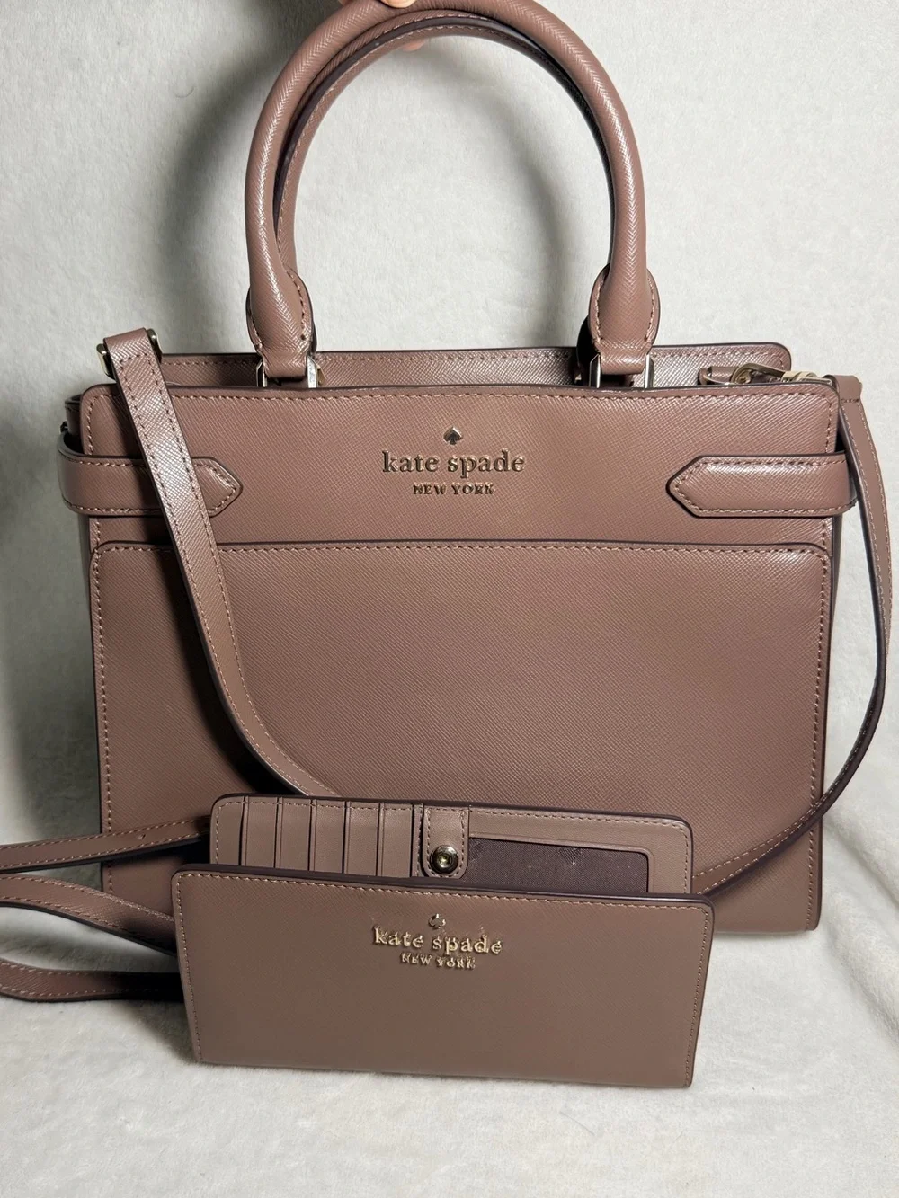 Kate Spade Staci Medium Satchel & Wallet Set Mauve Beige Saffiano